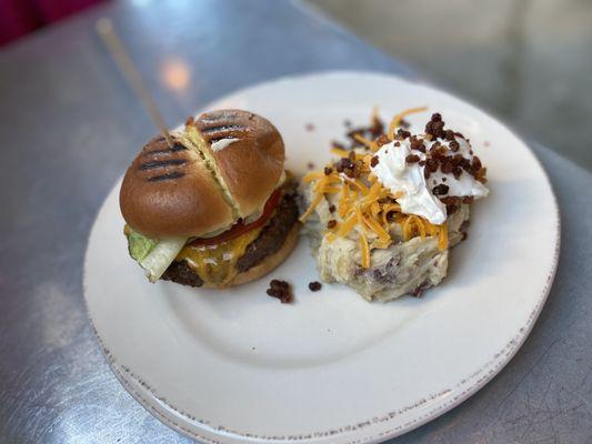 Cheddar burger and loaded mashed potatoes