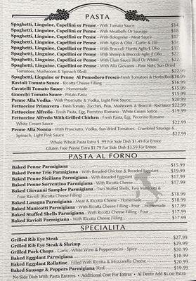 Pasta menu