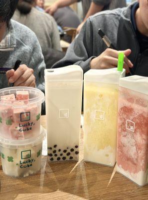 Durian and Strawberry Yogurt Cubes, Fresh Milk Green Tea, Mango Yogurt Shake, and Strawberry Yogurt Shake