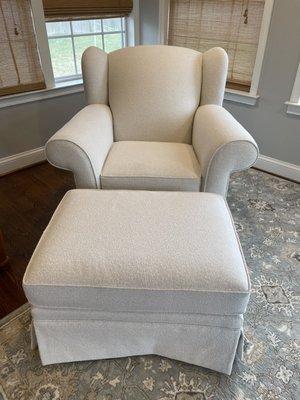 Reupholstered chair and ottoman by Alex Kim