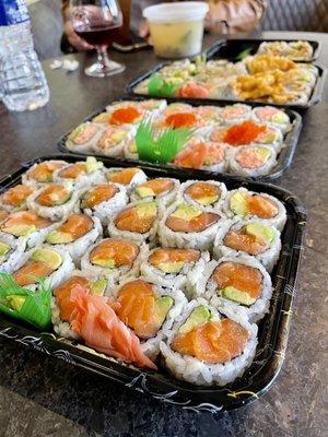 Salmon avocado rolls, California rolls, eel cucumber