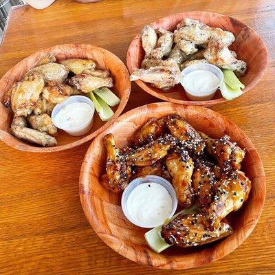 Garlic Parmesan wings, Teriyaki sesame wings, lemon pepper wings