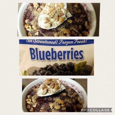 I made a blueberry bowl for dinner with frozen blueberries i bought tonight at Silver street market...  Under 300 healthy calories no sugar