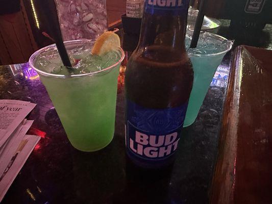 Patio punch, blue motorcycle and bud light