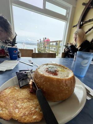 Mo's Clam Chowder in a bread bowl