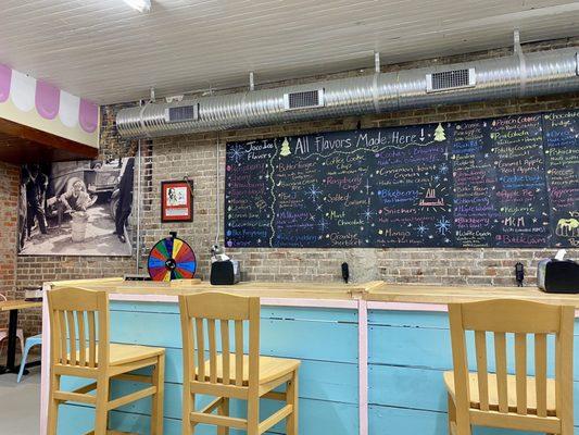 Ice cream bar with flavors listed on the blackboard