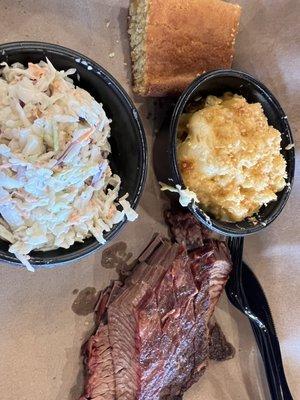 Brisket, Mac n cheese, coleslaw and corn bread