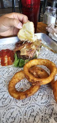 HBO burger and onion rings