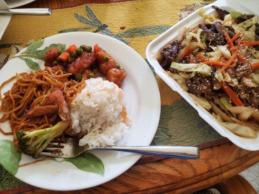 General Tao's Chicken, chicken yakisoba, japchae noodle