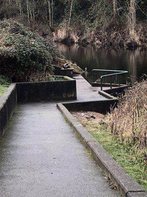 A gentle slope down to the fishing platform.