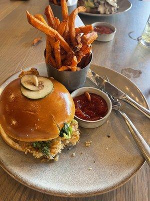 Chicken Fried Sandwich and Sweet potato fries