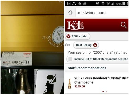 03/15/16 - 2007 Cristal for $265, but at K&L all over the Bay Area (or online) for $200.