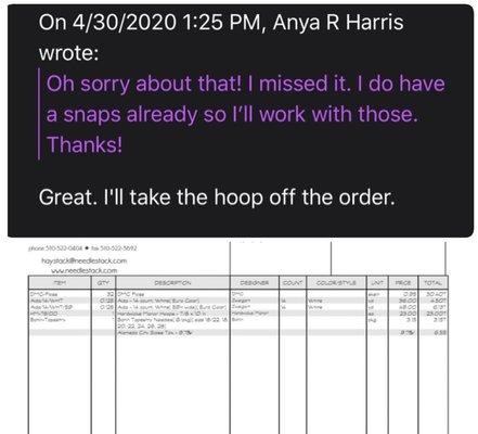 Email that said that Cathe would take the hoop off my order yet she included one. Shady.