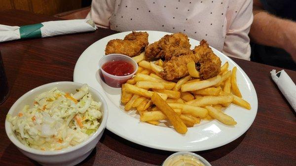 Chicken fingers w fries & a huge Cole slaw $15.50. Don't like pre-portioned condiments though.