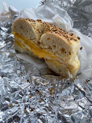 Egg and cheese on an Everything bagel