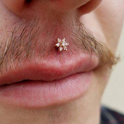 Philtrum piercing by Chandra Jade. 14k rose gold daisy end by Neometal