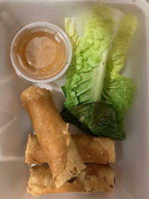 VIetnamese eggrolls.  Three eggrolls but only two lettuce leaves for wrapping.