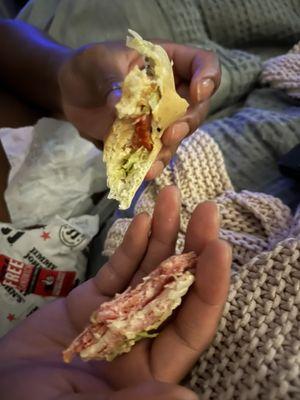 The sandwich fell apart because the bread was removed leaving a thin crust.