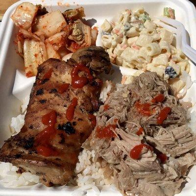 Delicious combo plate Kahlua pork and teriyaki chicken with house made kimchi. Great food truck! #tutusoceanpark