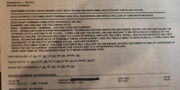 Final ticket describing what services needed to be completed and danger of continuing driving.