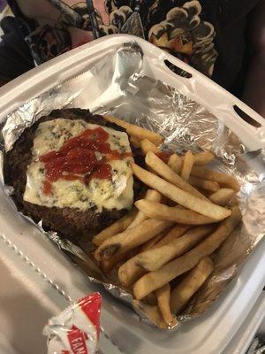 Burger with Swiss cheese and fries