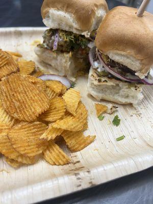 Lamb burgers with Indian masala chips