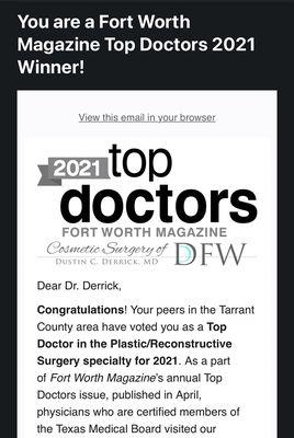 Fort Worth Magazine 2021 Top Doctor Top Plastic Surgeon in DFW!!!