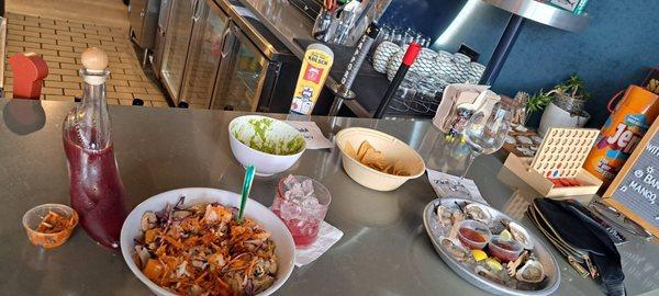 Poke bowl, fresh oysters,  Cherry Popper