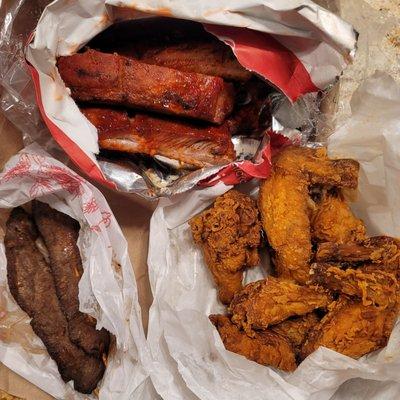 BBQ spareribs, teriyaki beef and fried chicken wings