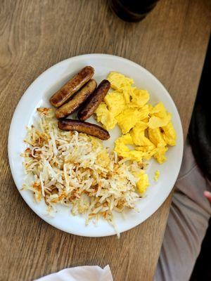 This combo also came with pancakes. This is "the best sausage I've ever tasted," per my 14 year old son, scrambled eggs, and hash browns.