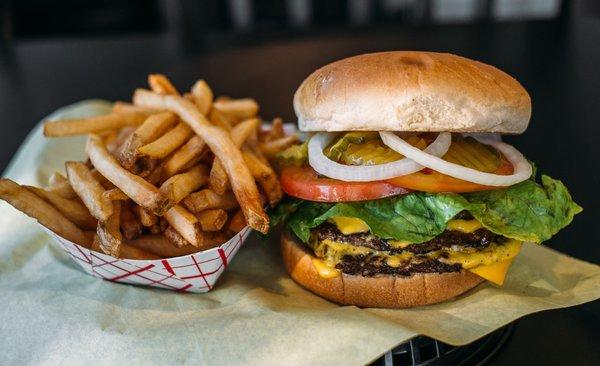 Good old Double Cheese Burger with a side of Fries