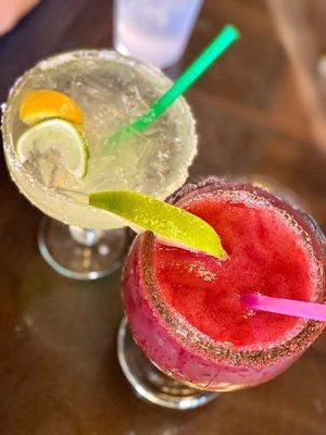 House margarita with salt rim (left) and pomegranate margarita with sugar rim (right)