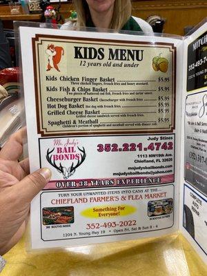 Kids menu