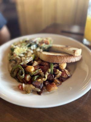 O'Brien potatoes with veg scramble.