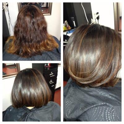 Before and after total color change and cut and a great blowdry. Hair by Christina Sanchez (626)478-5017