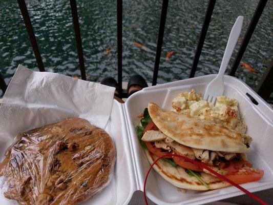 My favorite thing there--chocolate chip walnut cookie. Special of the day, the chicken pita with side of potato salad was good.