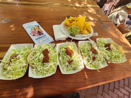 5 Different Types of Tacos.  So much cabbage you can't even tell.