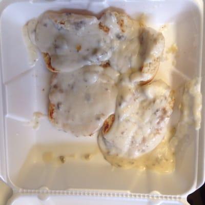 Biscuits and gravy? More like English muffins and grey sauce.