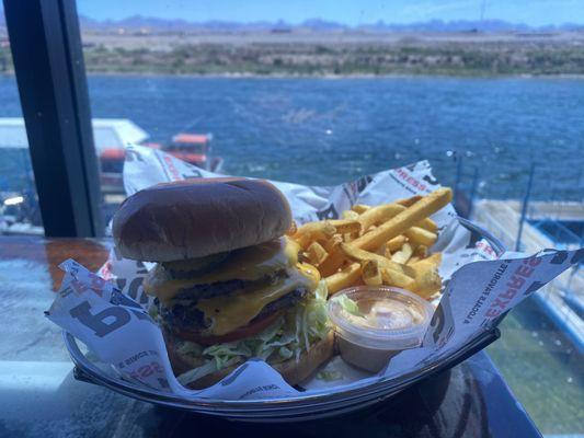 Classic Burger with Fries. It was good, but nothing fancy. Great view of the river.