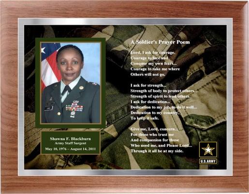 A memorial plaque for a soldier who gave the ultimate sacrifice. Choose your own psalm or prayer, or include the obituary.