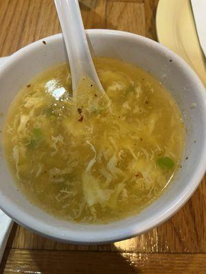 Egg drop soup with some chili oil from the table