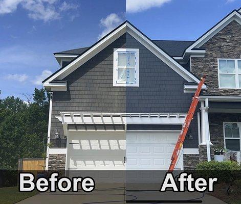 Before and after of a composite siding rejuvenation service.