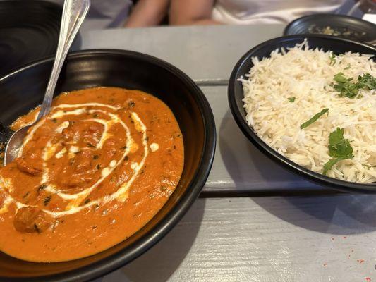 Desi Galli chicken tikka masala and basmati rice.