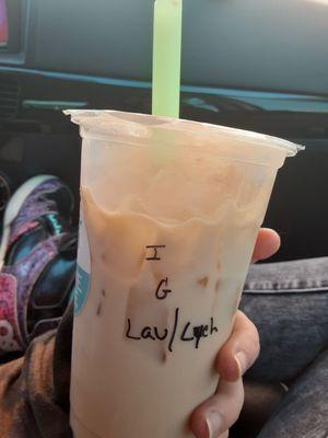 Lavender lychee boba tea iced with green tea