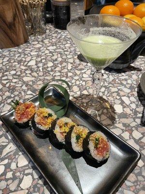 Tuna Roll and Delicate Genius cocktail