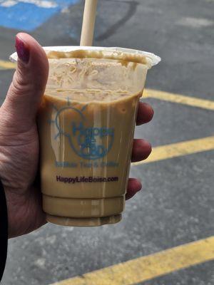 Small iced coffee.. got mine with lavender and coconut flavors and a 25 MG shot of CBD !