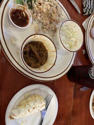 Pulled chicken meal with cowboy beans, coleslaw and coconut cream pie