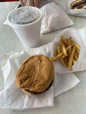 Double burger, fries, and small Dr. Pepper