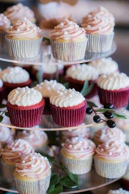 Sangria & red velvet wedding cupcakes.