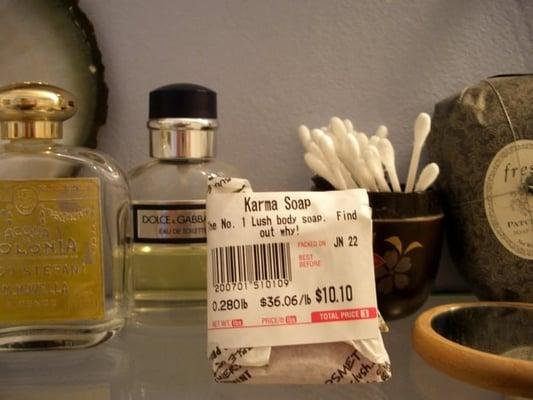 Lush Karma soap on my bathroom shelf - $36.06/lb!!